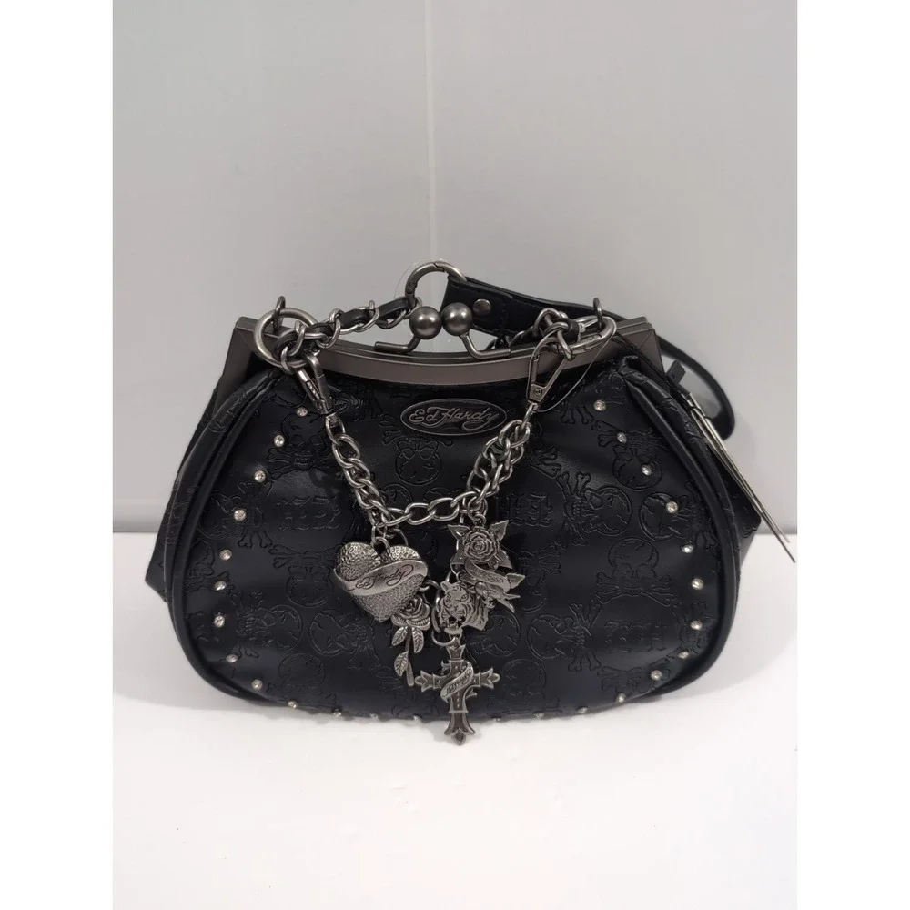 Ed Hardy Black Skull Kiss Lock Shoulder Bag Studded Chain Strap Charm Punk Goth